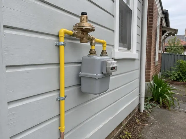 Yellow gas fittings and meter on a grey weatherboard wall beside a window in Marrickville
